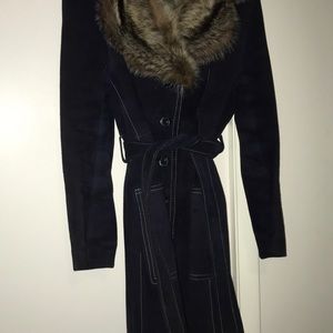 VINTAGE navy blue suede fur collar jacket
